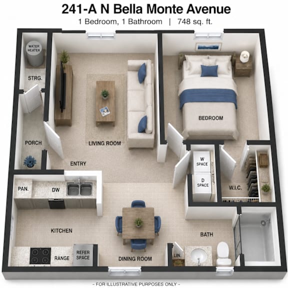 A diagram of a small apartment layout with a bedroom, living room, kitchen, and bathroom.