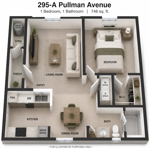 A diagram of a 748 sq. ft. apartment with 1 bedroom and 1 bathroom.