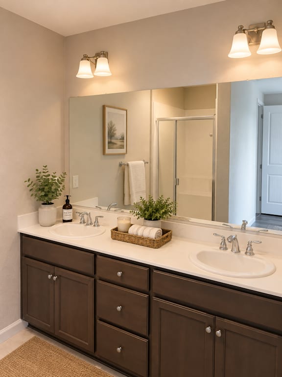 A bathroom with brown cabinets and a white counter top.