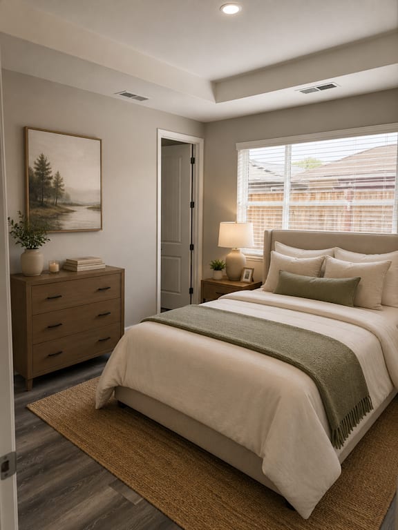 A bedroom with a large bed, a dresser, and a painting on the wall.