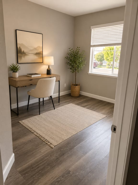 A room with a desk, chair, and a painting on the wall.