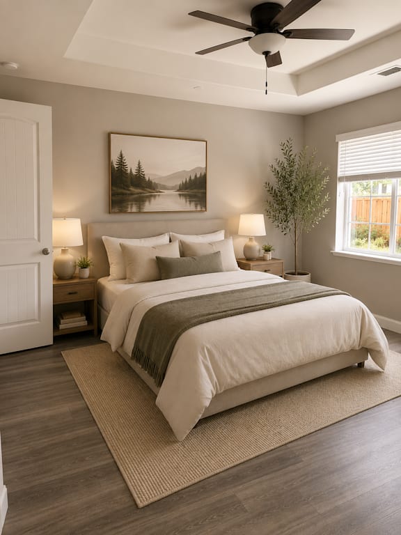 A bedroom with a large bed and a painting on the wall.