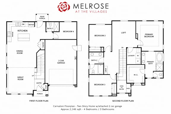 A floor plan for a Melrose at the Villages property showing the layout of the first and second floors.