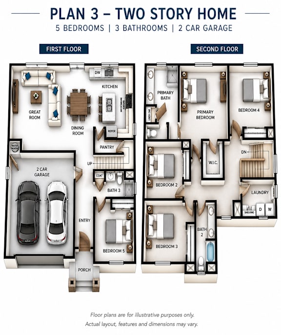 A diagram of a two story home with five bedrooms and three bathrooms.