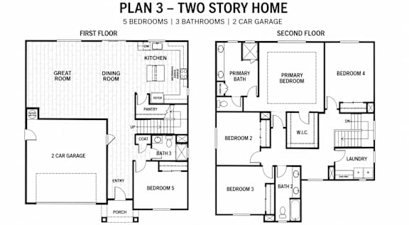 A floor plan of a two story home with five bedrooms and two garages.