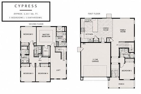 A floor plan for a property named Cypress, which is approximately 2,351 square feet, with 5 bedrooms and 3 bathrooms.