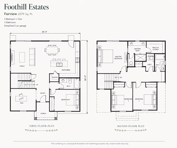 A drawing of a two-story house plan for Foothill Estates.