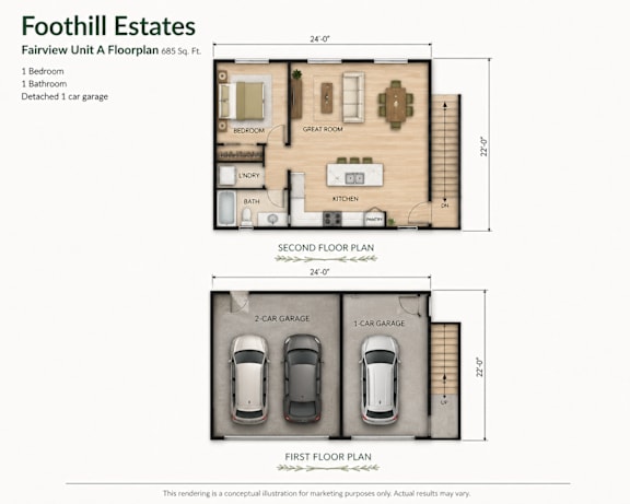 A floor plan for a unit at Foothill Estates shows a bedroom, bathroom, living room, kitchen, and two car garages.