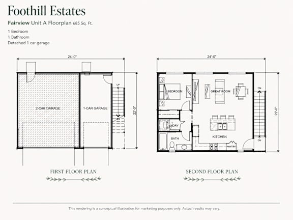 A drawing of a floor plan for a 685 square foot unit at Foothill Estates.