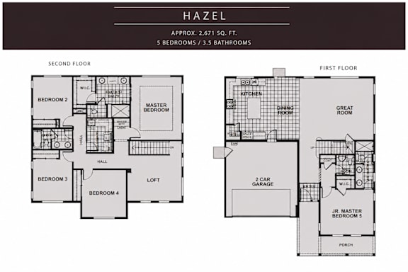A floor plan for a two-story house with five bedrooms and three bathrooms.