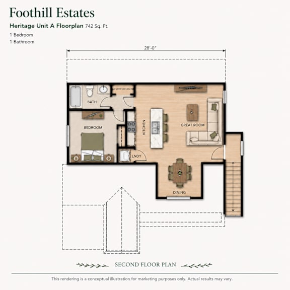 A floor plan for a Heritage Unit A at Foothill Estates, featuring a bedroom, bathroom, kitchen, dining area, and great room.