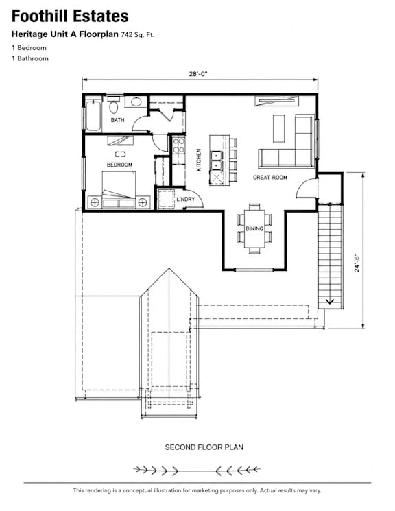 A drawing of a Foothill Estates Heritage Unit A Floorplan 7a2 5a.