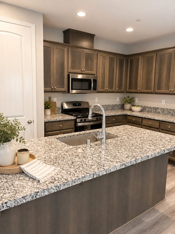 A kitchen with a granite countertop and wooden cabinets.