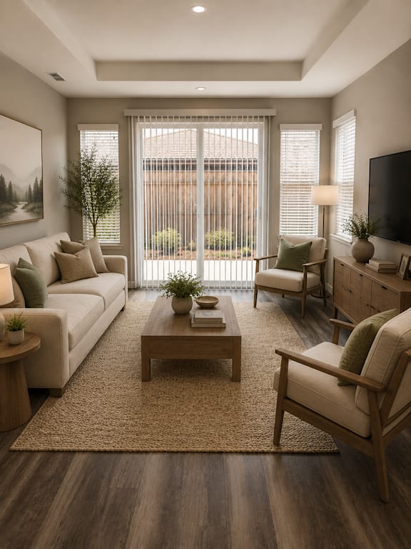 A living room with a couch, chairs, and a coffee table.