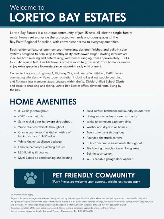 A flyer for Loreto Bay Estates, a community of 15 new homes with a pet-friendly policy.