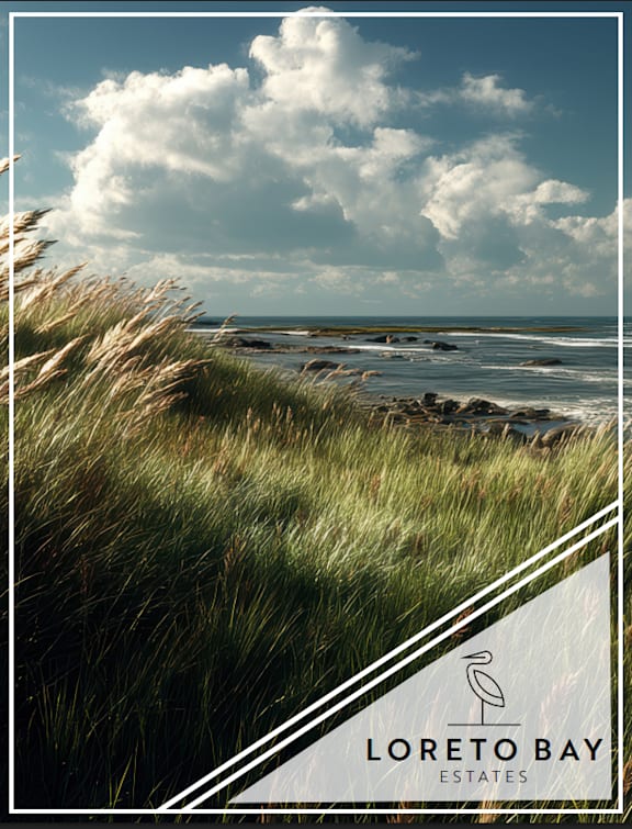 A beach scene with the text "Loreto Bay Estates" in the foreground.