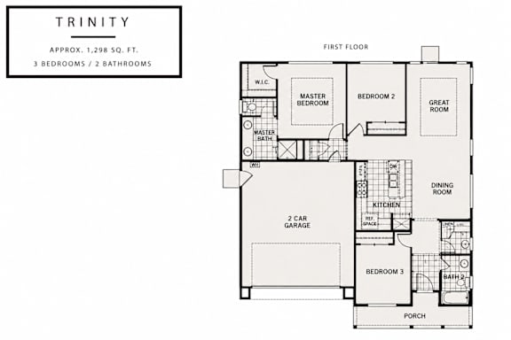 A floor plan for a property named Trinity shows three bedrooms and two bathrooms.