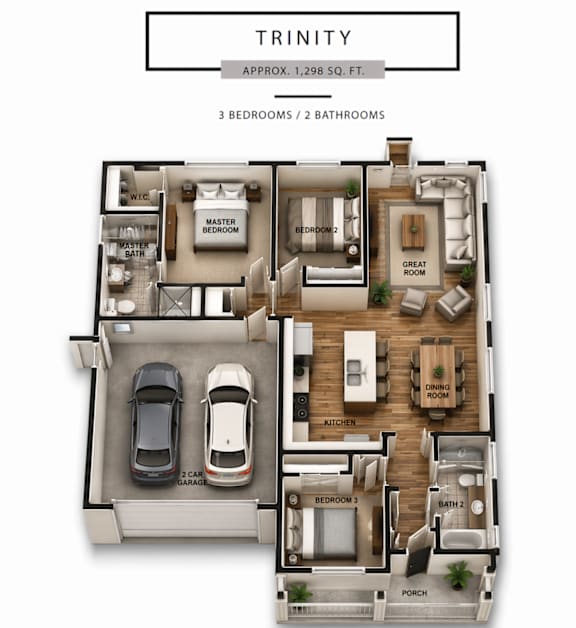 A floor plan of a trinity apartment with 3 bedrooms and 2 bathrooms.