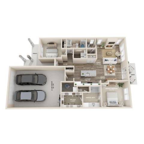 A floor plan of a house with two bedrooms, a living room, a kitchen, and a garage.