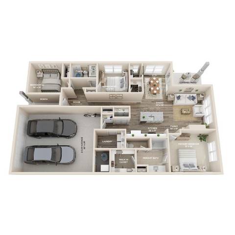 a 3d floor plan of a house with roommates