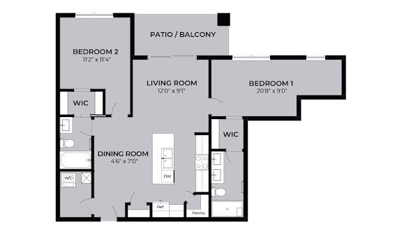 A floor plan of a house with a living room, dining room, two bedrooms, a patio, and a balcony.