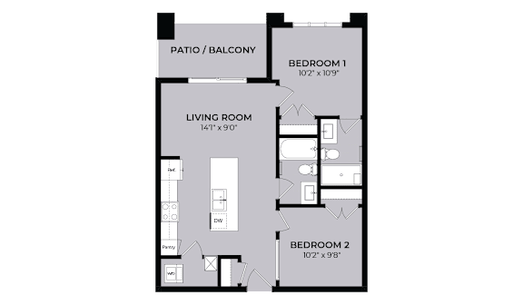 A black and white image of a floor plan for a two bedroom apartment.