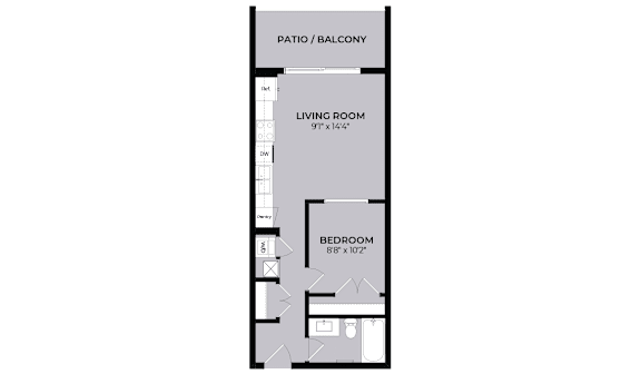 A diagram of a house layout with a living room, bedroom and patio.