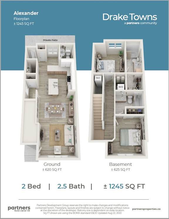 A floor plan for a 2 bedroom apartment with 2.5 bathrooms at Drake Towns.