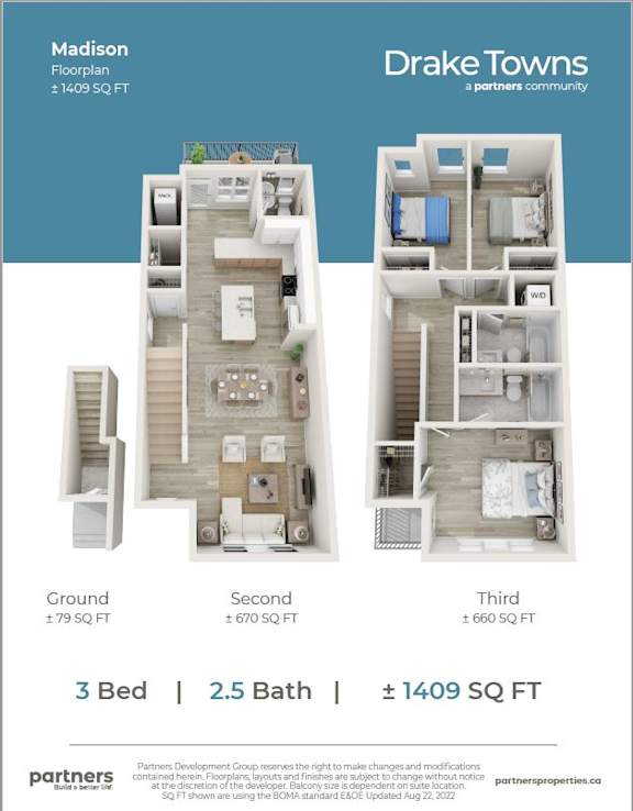 A floor plan for a Madison apartment in Drake Towns, a partners community, showing three bedrooms with their respective sizes.