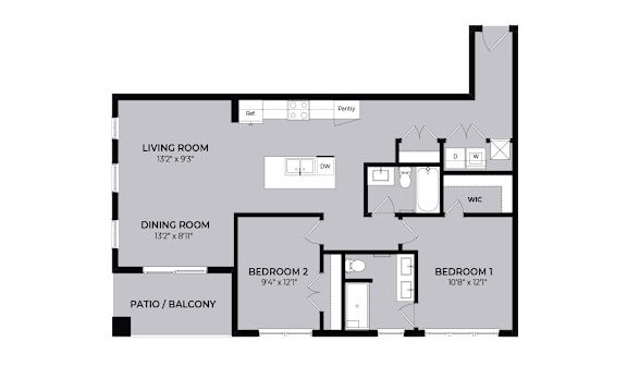 A floor plan of a house with a living room, dining room, two bedrooms, a patio, and a pantry.