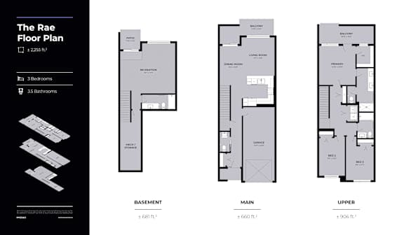 A floor plan for a three-story building with basement, main, and upper levels.