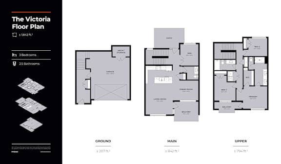 A floor plan for a building named The Victoria showing the layout of rooms on the ground, main, and upper floors.