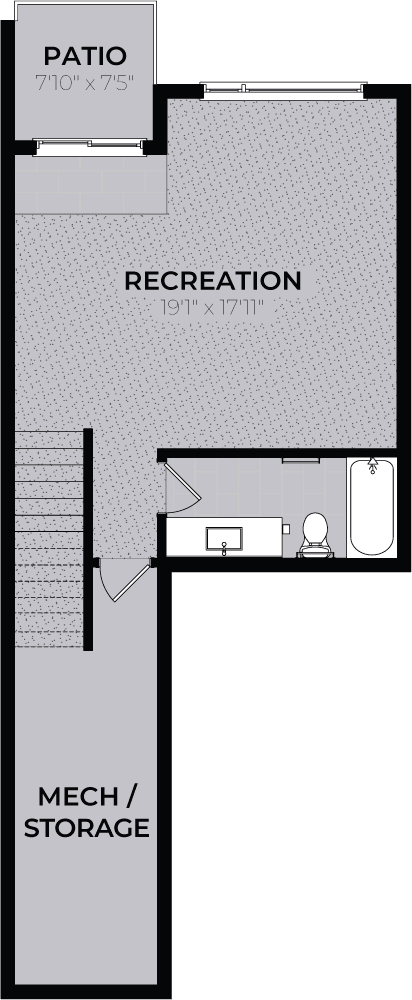 Floor Plan  A floor plan shows a patio, recreation area, and mechanical/storage space.