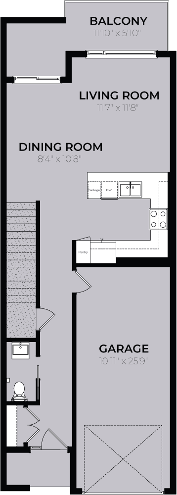 A floor plan of a house with a living room, dining room, and garage.