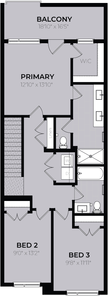 A floor plan of a house with a balcony, primary bedroom, and two additional bedrooms.
