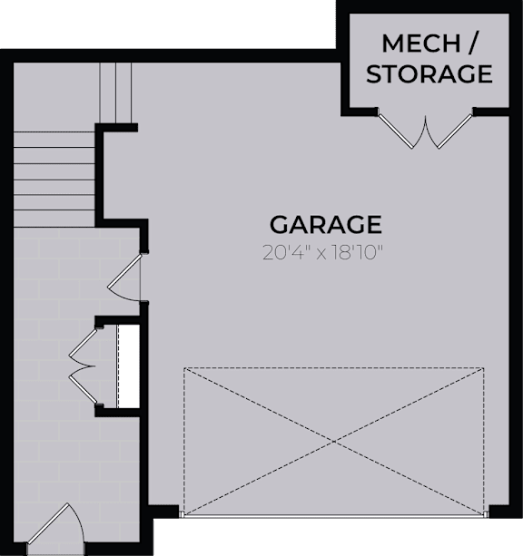 A floor plan shows a garage sized at 20'4" x 18'10" with a mech/storage area.
