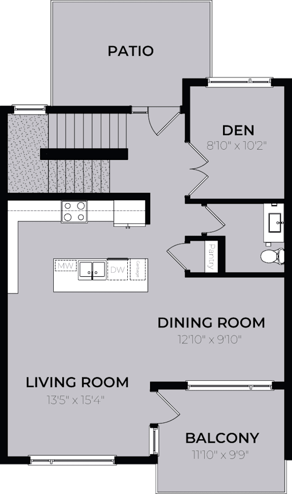 A floor plan of a house with a living room, dining room, balcony, and patio.