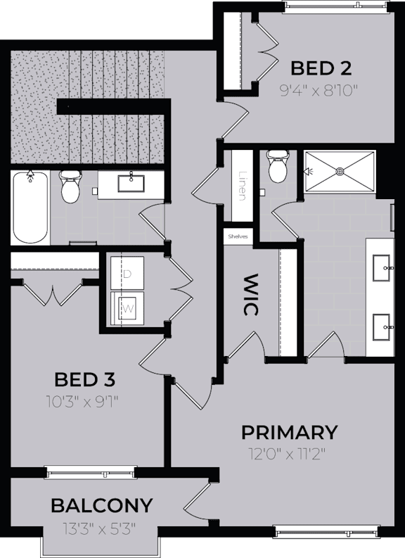 A floor plan of a house with three bedrooms and a balcony.