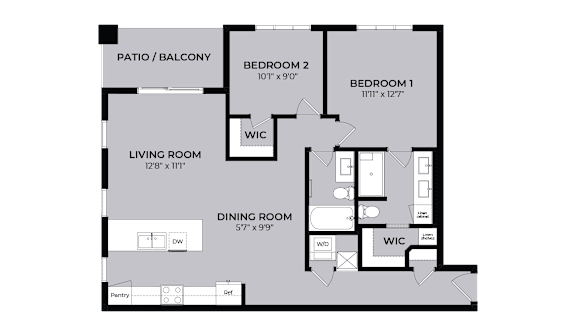A floor plan of a home with a living room, dining room, two bedrooms, a patio, and a balcony.