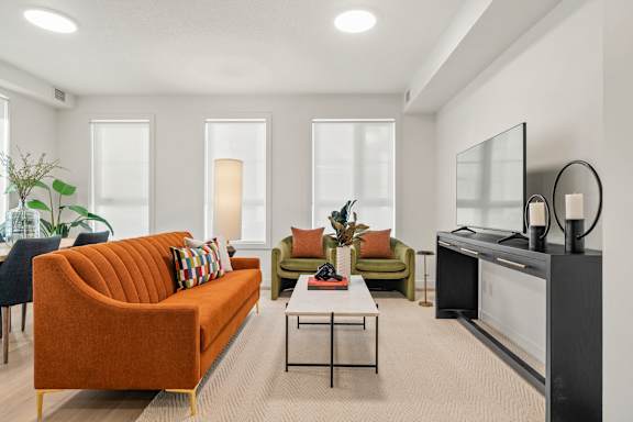 A living room with a television, couches, and a coffee table.