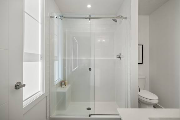 A white bathroom with a walk-in shower and toilet.
