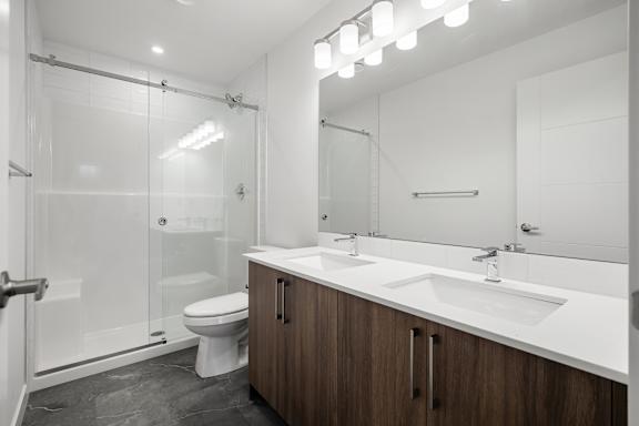 A modern bathroom with a walk-in shower and double sinks.