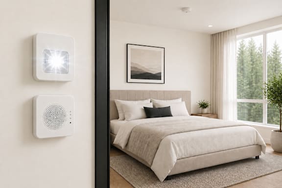A white bedroom with a bed, a plant, and two wall-mounted devices.