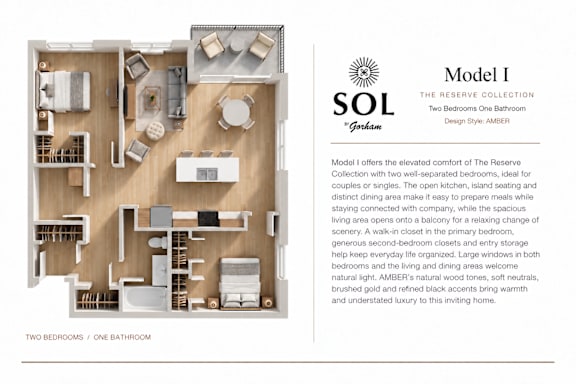 A floor plan and description of a two bedroom, one bathroom apartment in The Reserve Collection by SOL.