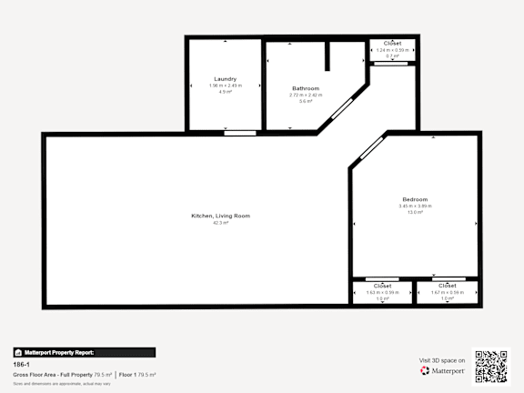 A floor plan of a property with a kitchen, living room, bathroom and two bedrooms.