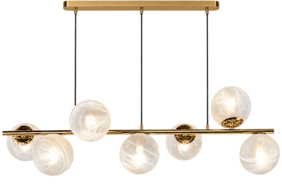 A chandelier with five lights hanging from a metal rod.