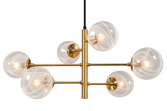 A chandelier with six lights on a gold-colored metal frame.