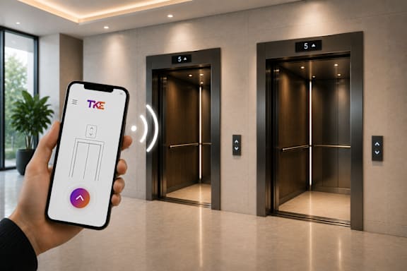 A hand holding a phone with an app open in front of two elevators.