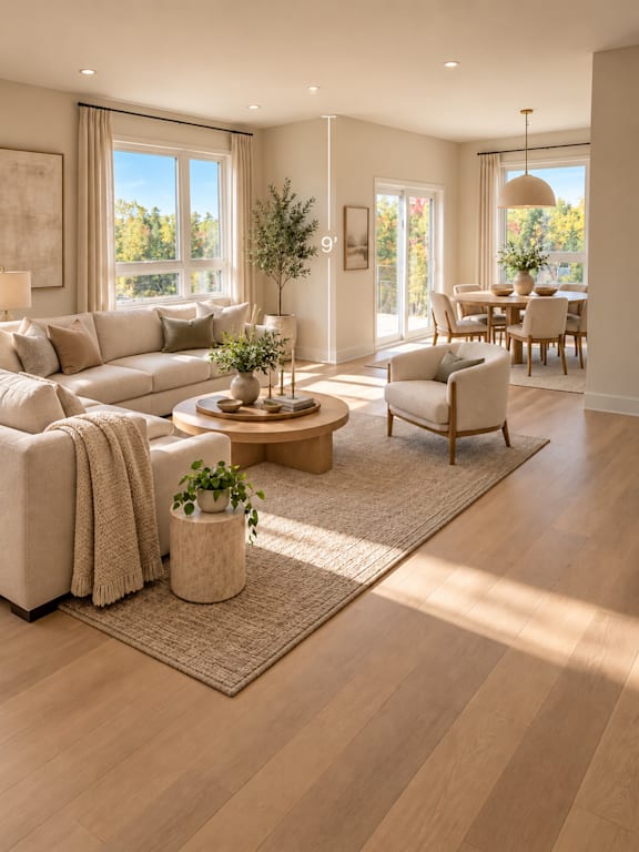 A well-lit, spacious living room with a large window, a sofa, a coffee table, and a dining table.