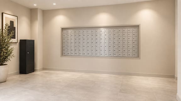 A calendar is on the wall in a room with a plant and a cabinet.